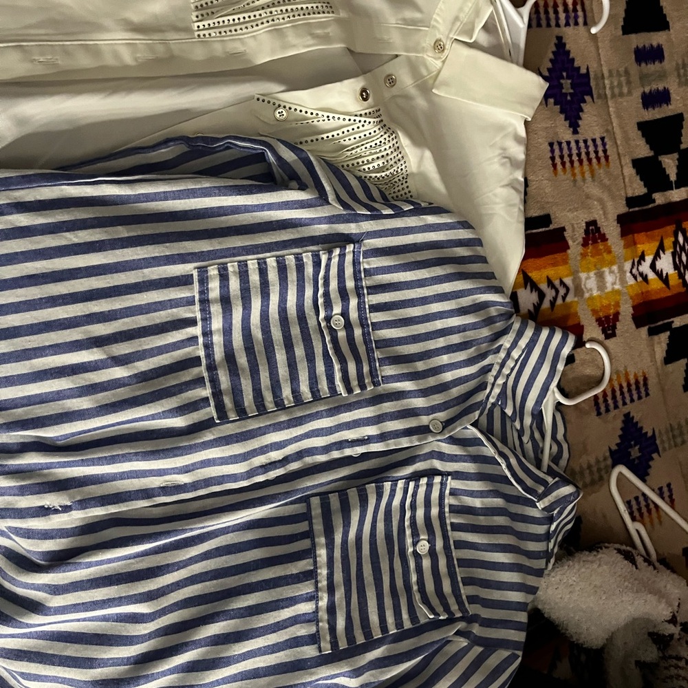 SHEIN Blue and White Striped Women's Button Down Shirt